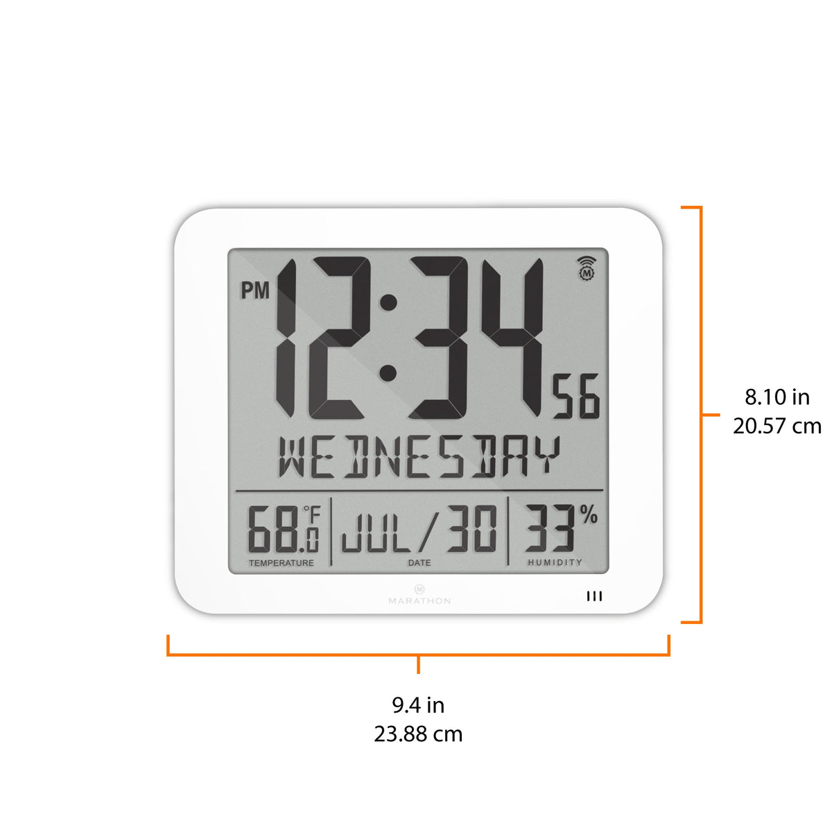 Marathon Slim Self-Setting Wall Clock with Full Calendar Display, Temperature & Humidity