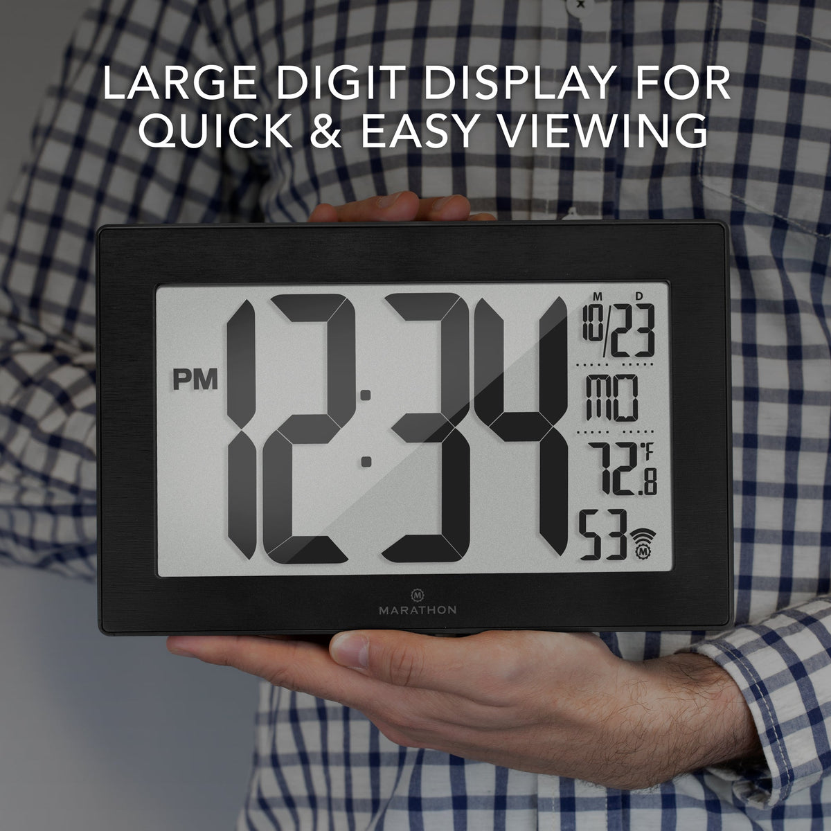Marathon Self-Setting, Self-Adjusting, Wall Clock w/ Stand & 8 Time Zones - Black/Black Stainless Steel