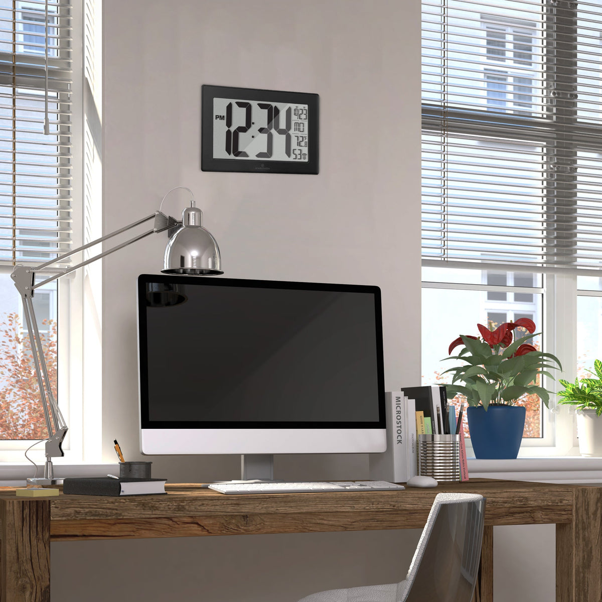Marathon Self-Setting, Self-Adjusting, Wall Clock w/ Stand & 8 Time Zones - Black/Black Stainless Steel
