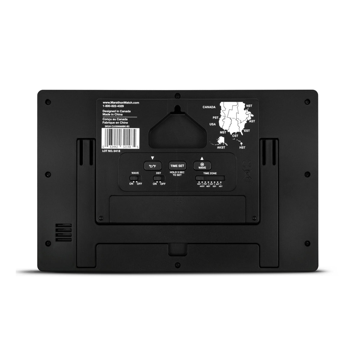 Marathon Self-Setting, Self-Adjusting, Wall Clock w/ Stand & 8 Time Zones - Black/Black Stainless Steel