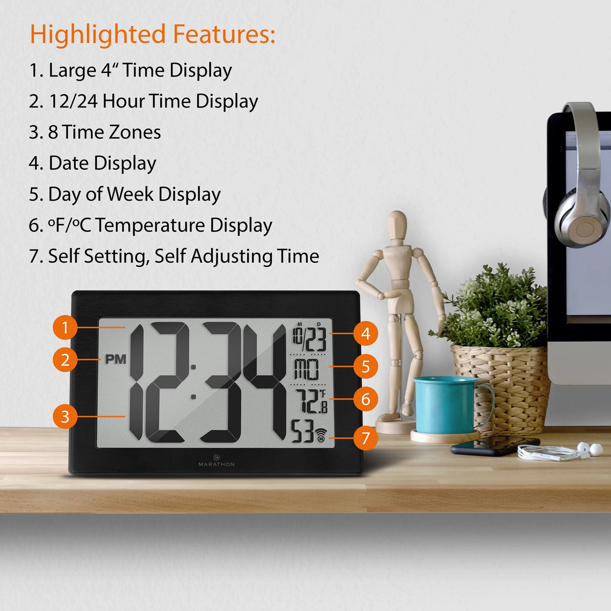 Marathon Self-Setting, Self-Adjusting, Wall Clock w/ Stand & 8 Time Zones - Black/Black Stainless Steel