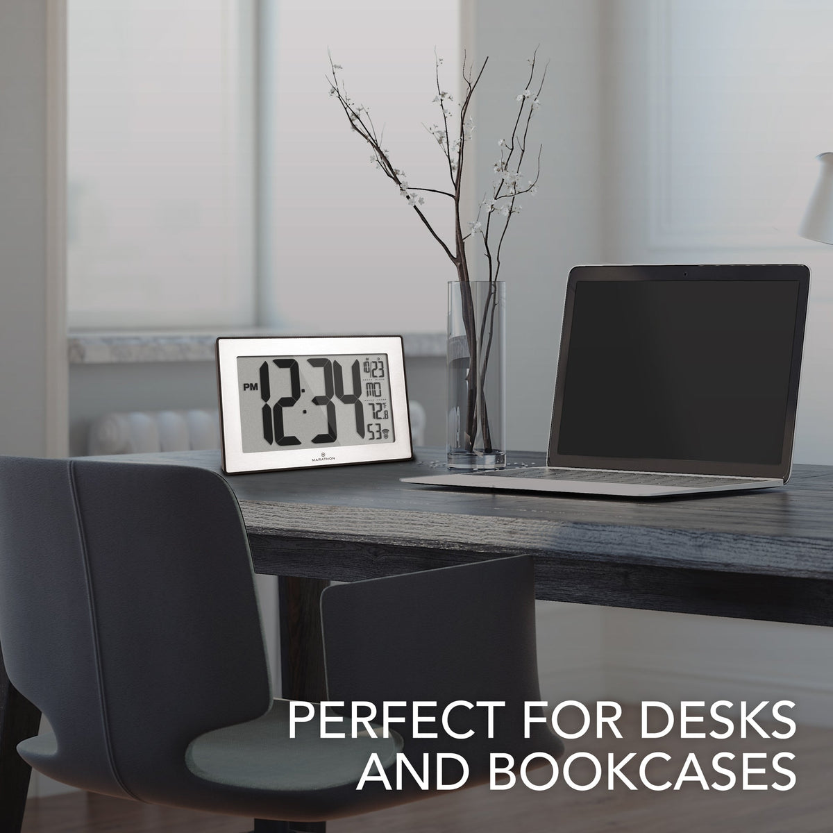 Marathon Self-Setting, Self-Adjusting, Wall Clock w/ Stand & 8 Time Zones - Black/Stainless Steel