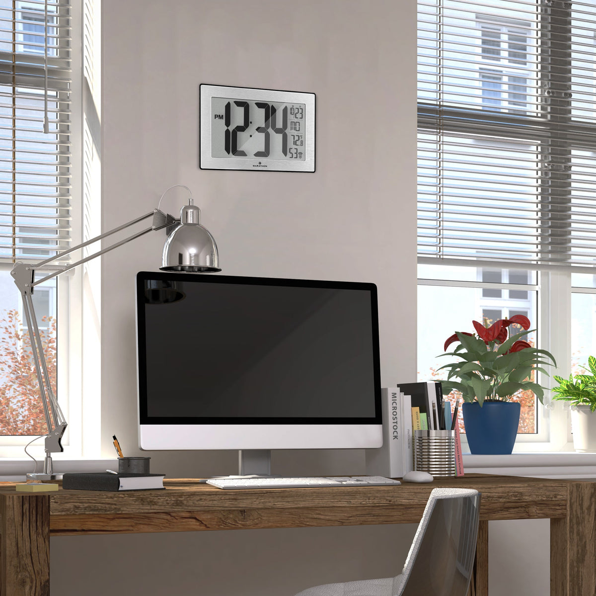 Marathon Self-Setting, Self-Adjusting, Wall Clock w/ Stand & 8 Time Zones - Black/Stainless Steel