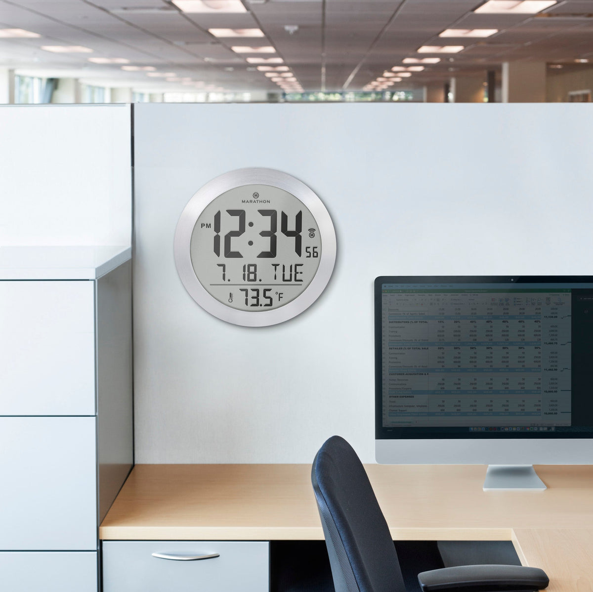 Marathon 8 Inch Round Digital Wall Clock with Date & Indoor Temperature