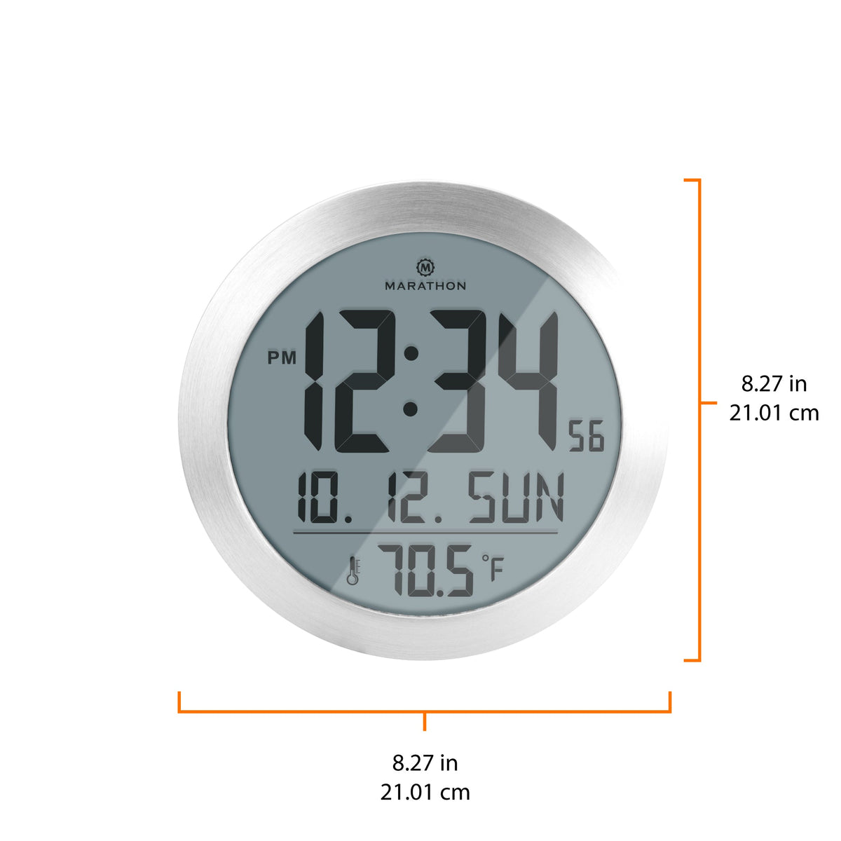 Marathon 8 Inch Round Digital Wall Clock with Date & Indoor Temperature