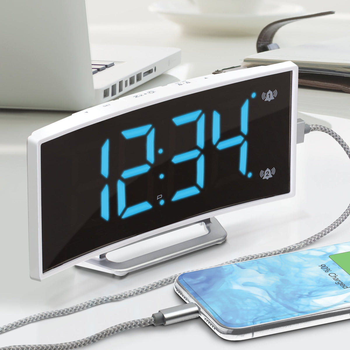 Marathon Hotel Collection - Curved Display LED Clock with Dual Alarm and USB Charging Port