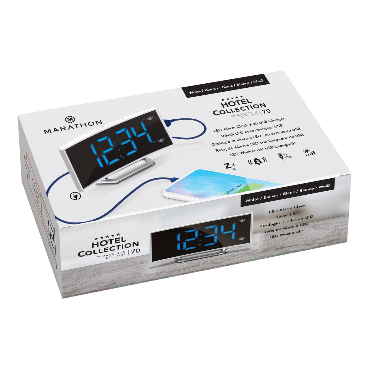 Marathon Hotel Collection - Curved Display LED Clock with Dual Alarm and USB Charging Port