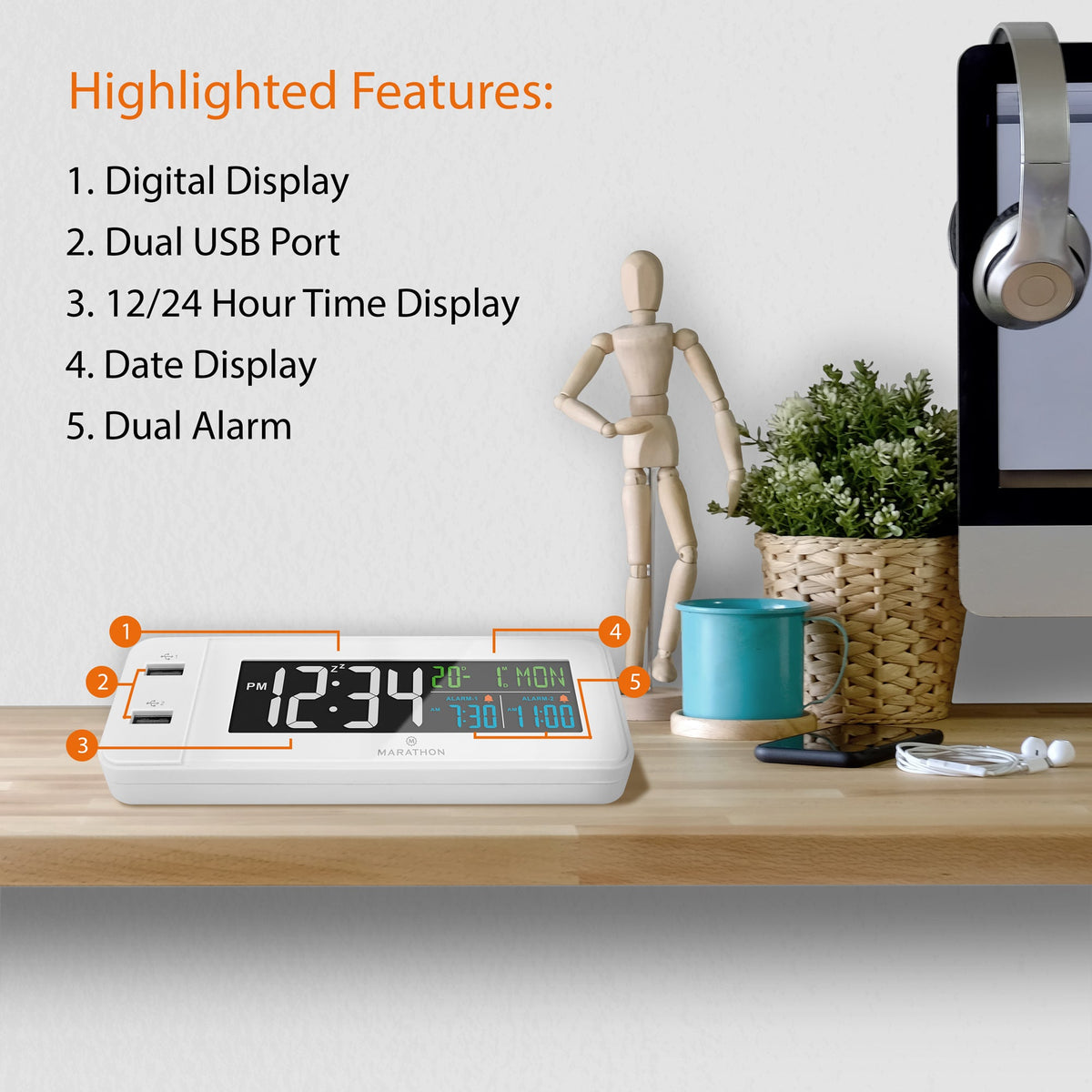 Marathon Hotel Collection - Fast Charging Dual USB-C Alarm Clock