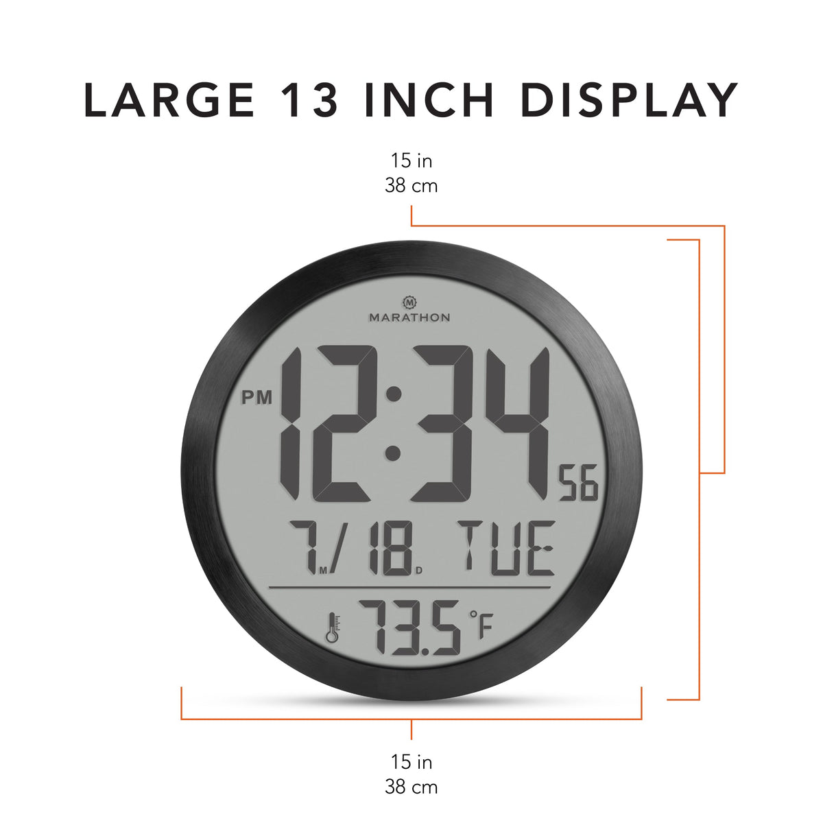Marathon 15 Inch Round Digital Wall Clock - Black