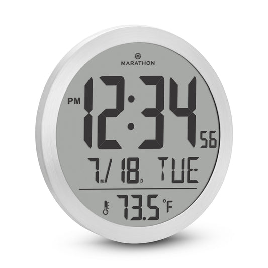 Marathon 15 Inch Round Digital Wall Clock - Stainless Steel