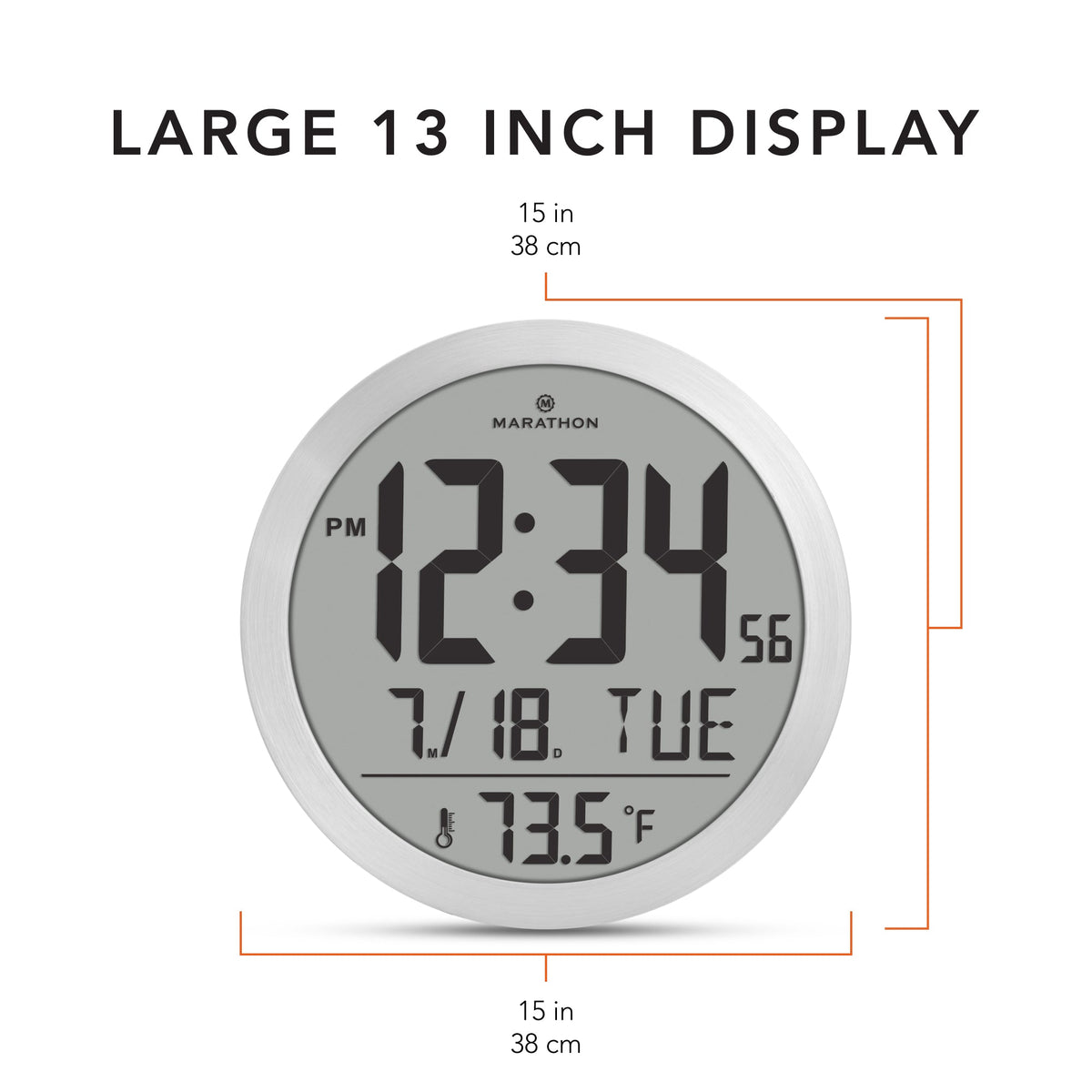 Marathon 15 Inch Round Digital Wall Clock - Stainless Steel