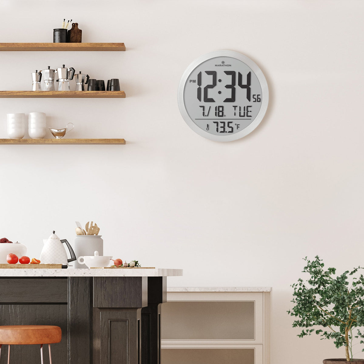 Marathon 15 Inch Round Digital Wall Clock - Stainless Steel