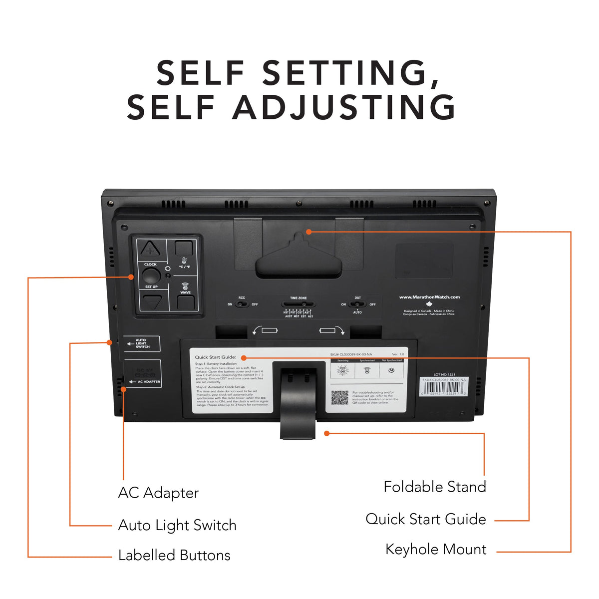 Marathon Self-Setting Clock with Auto Backlight and Power Adapter