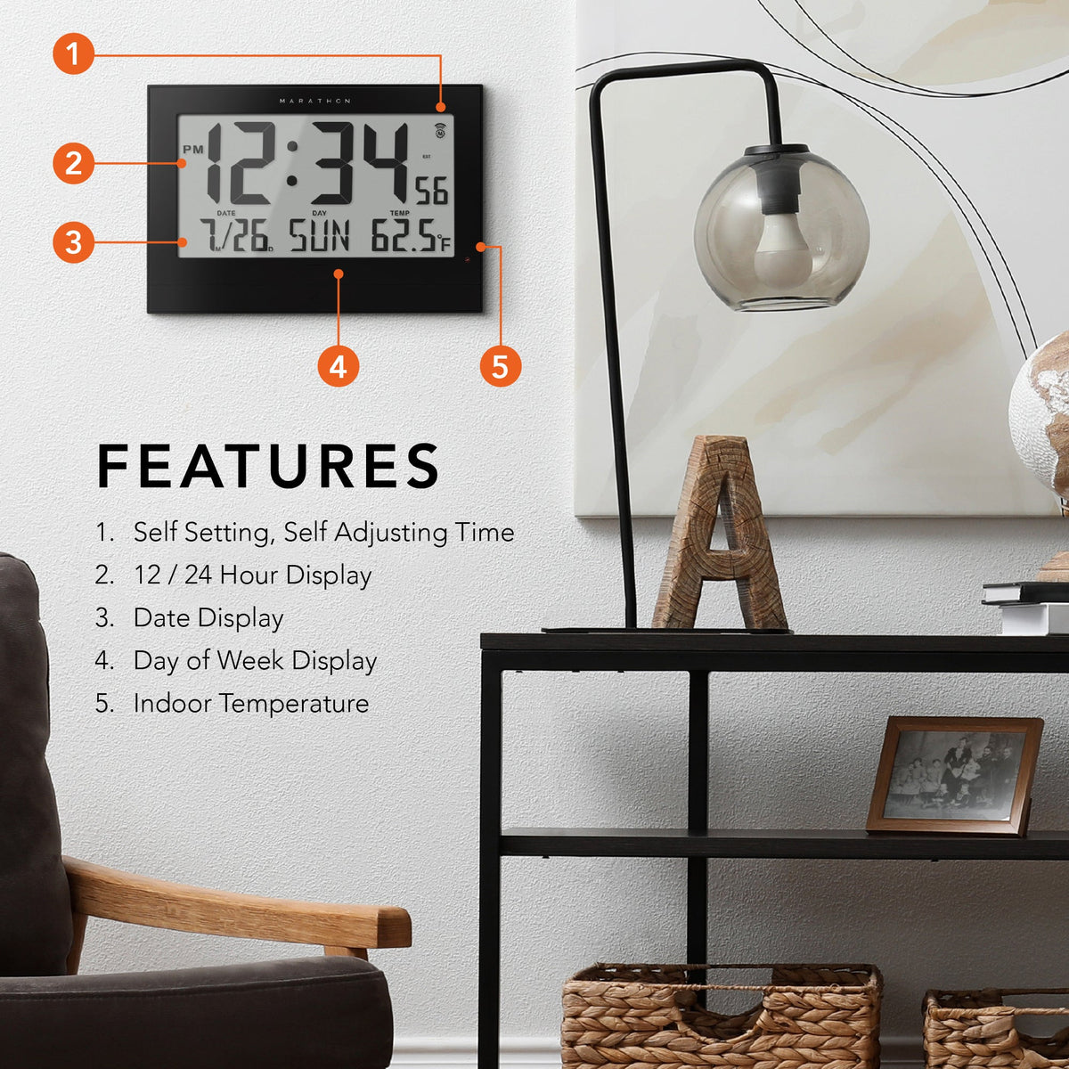 Marathon Self-Setting Clock with Auto Backlight and Power Adapter