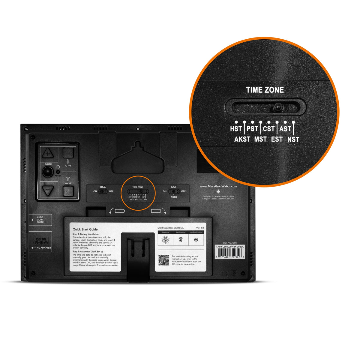 Marathon Self-Setting Clock with Auto Backlight and Power Adapter