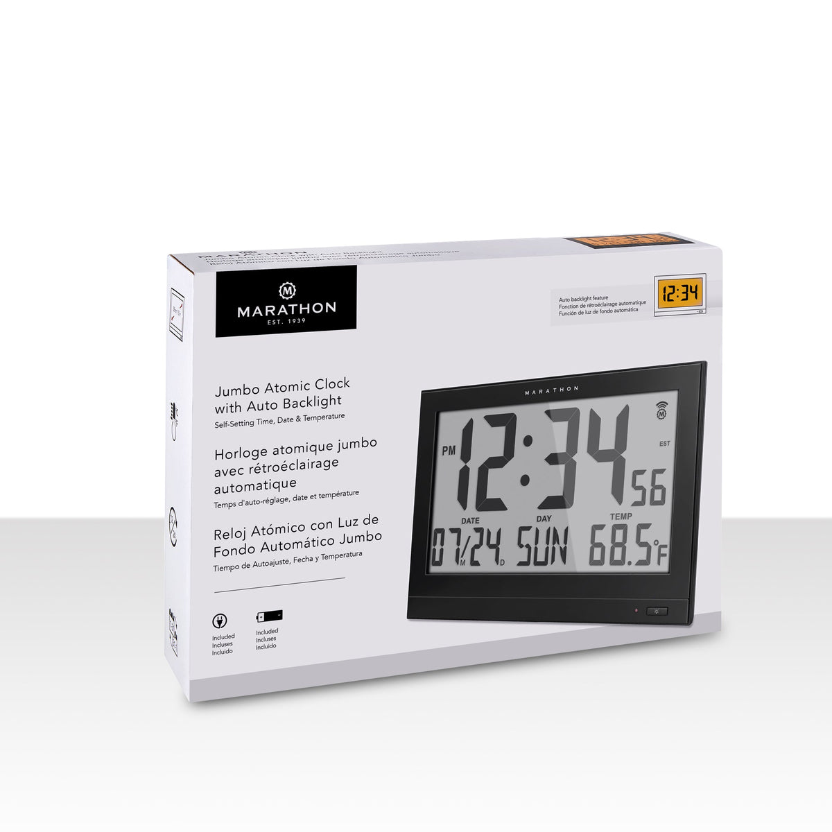 Marathon Jumbo Self-Setting Wall Clock with Auto Backlight and Power Adapter