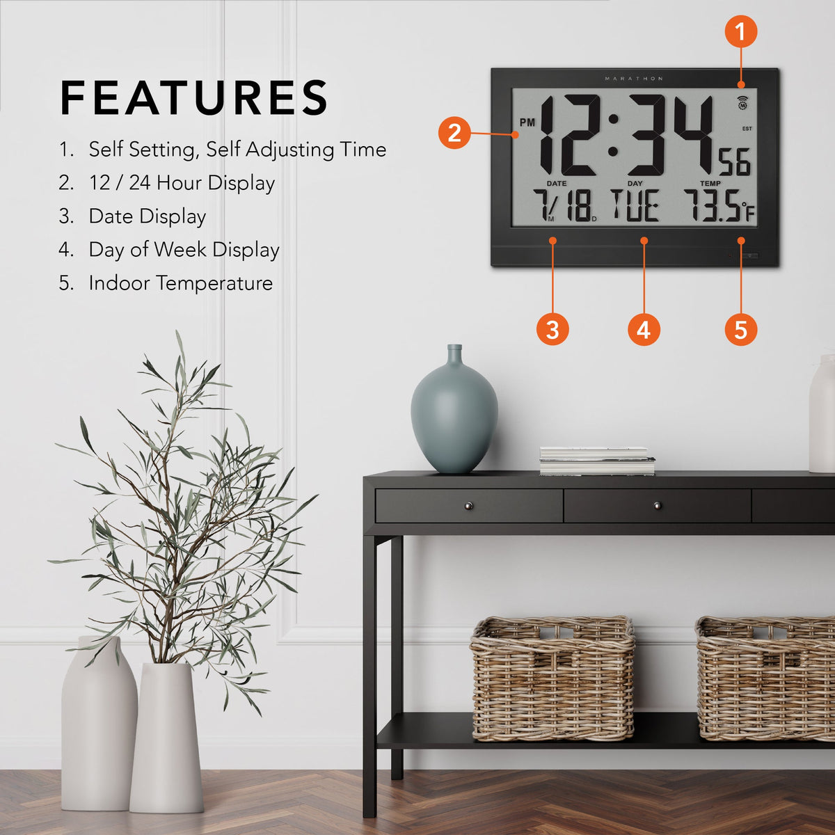 Marathon Jumbo Self-Setting Wall Clock with Auto Backlight and Power Adapter