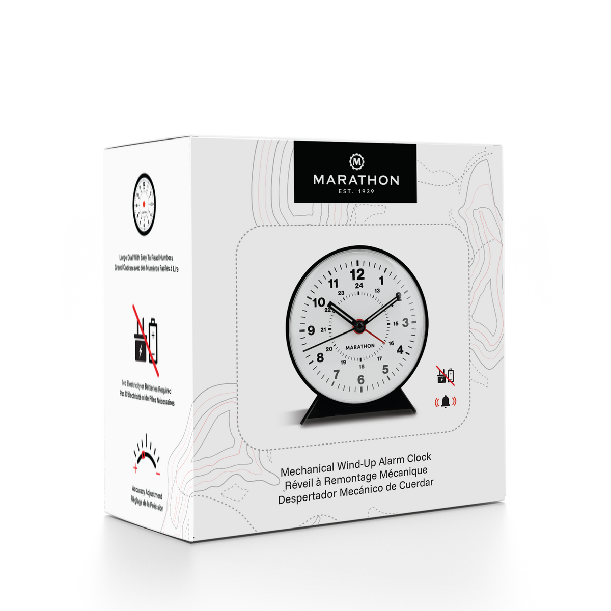 Marathon Alarm Clock with Mechanical Wind Up - White Dial