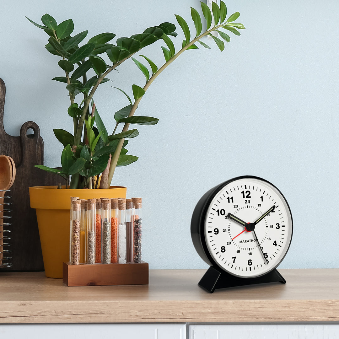 Marathon Alarm Clock with Mechanical Wind Up - White Dial