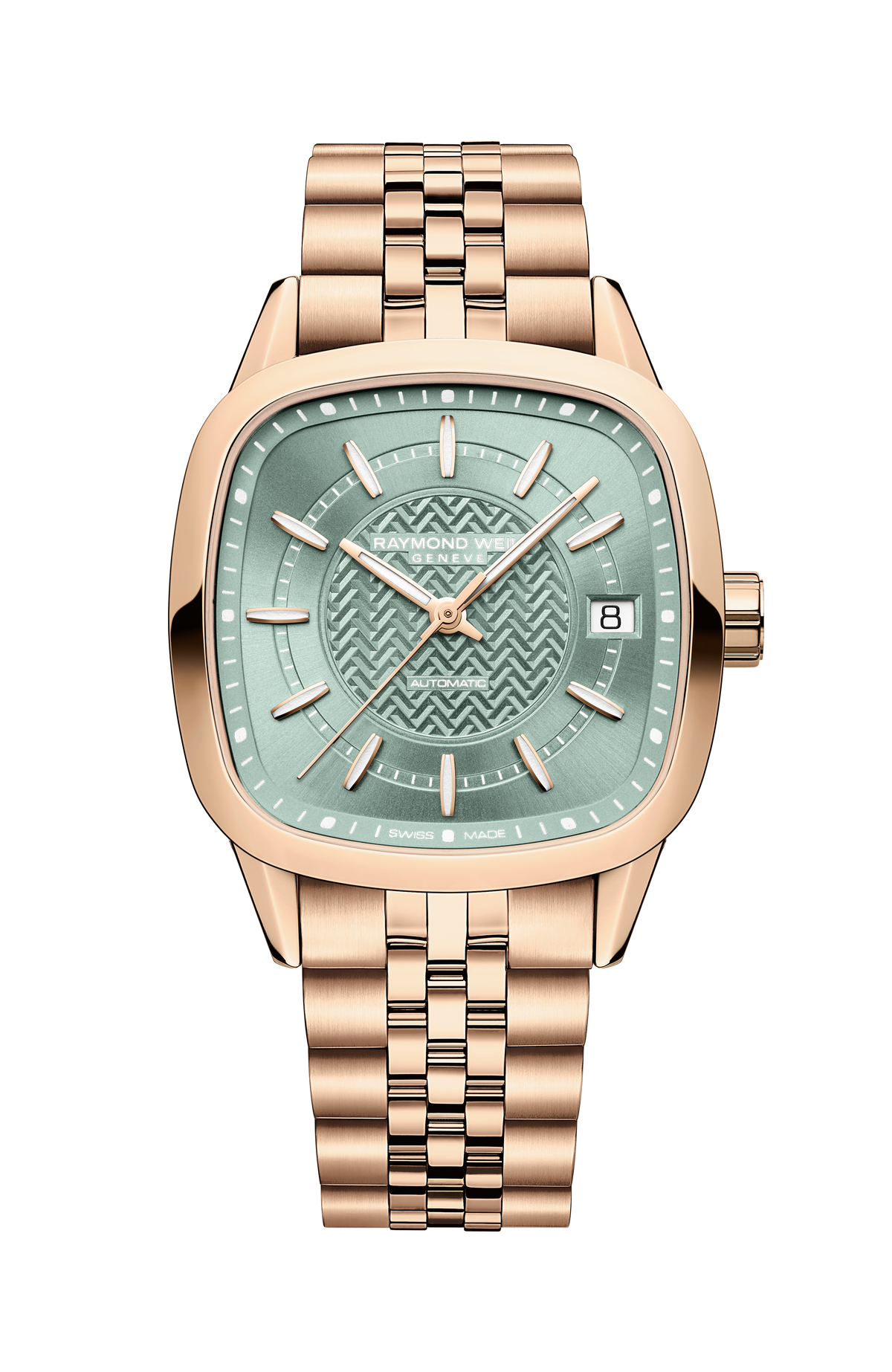 Raymond Weil Freelancer Ladies Automatic Green Dial Rose Gold Bracelet Cushion Shape 2490-P5-52061