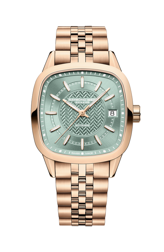 Raymond Weil Freelancer Ladies Automatic Green Dial Rose Gold Bracelet Cushion Shape 2490-P5-52061