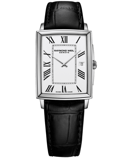 Raymond Weil Toccata Men's Classic Rectangular Stainless Steel White Dial Black Leather Watch 37.25 x 29.60 mm (5425-STC-00300)