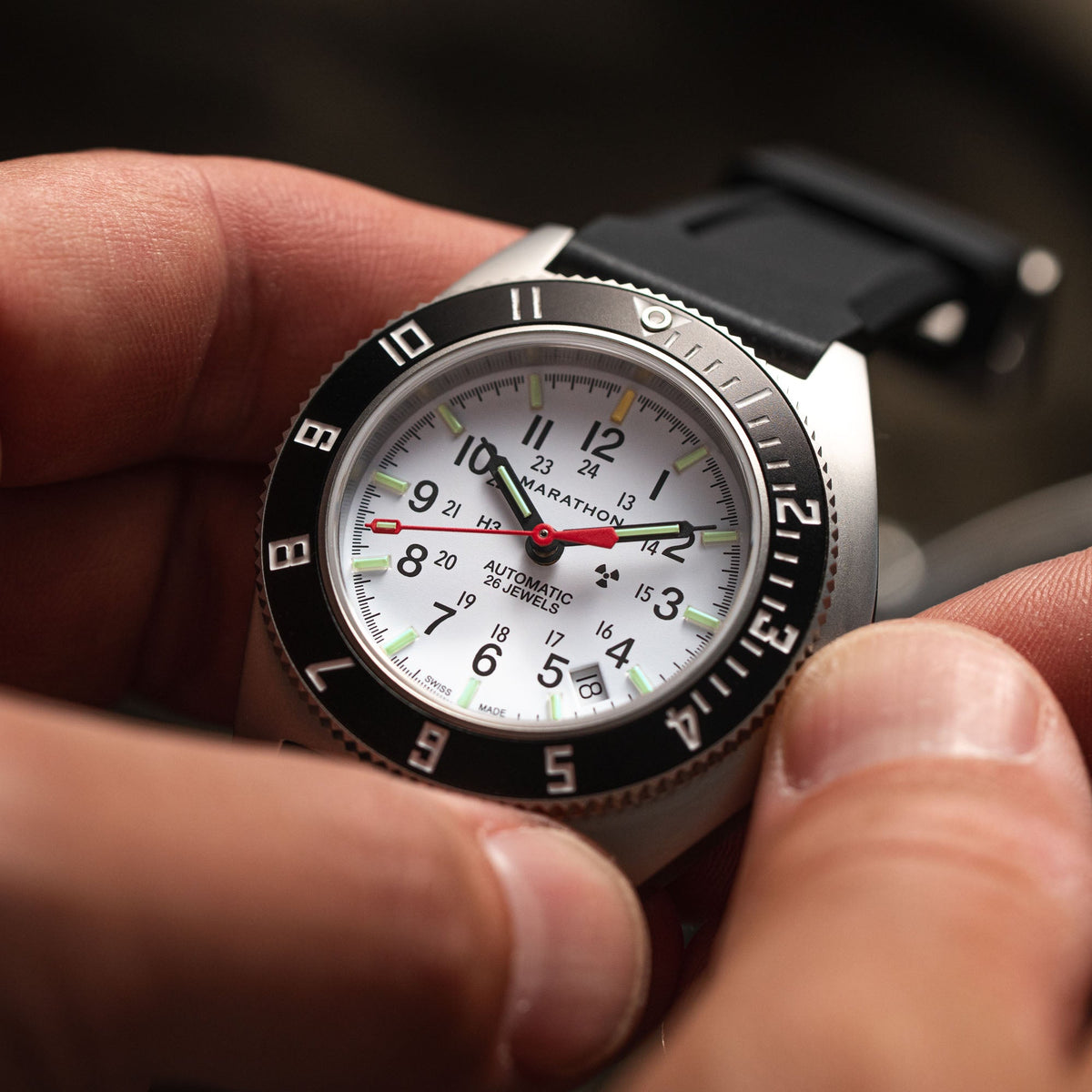 Marathon 41mm Arctic Steel Navigator w/ Date Automatic (Arctic SSNAV-D Auto) on Black 3-Piece Rubber Strap Kit