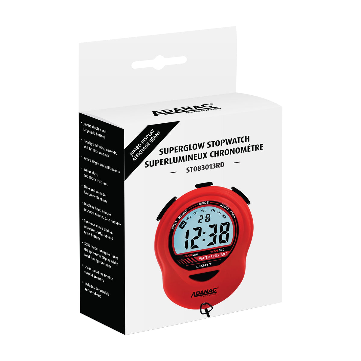 ADANAC Digital Glow Stopwatch Timer Red - Marathon Watch Company | ST083013RD-IMG3-Hand-Sizing