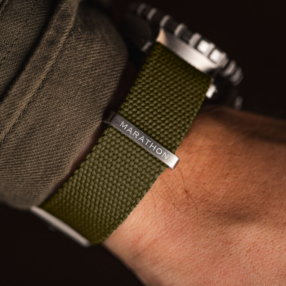 Marathon 18MM Nylon Canvas DEFSTAN Strap - Brushed Steel Hardware Olive