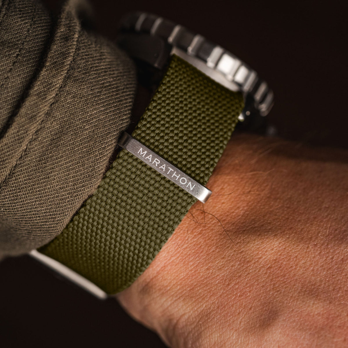 Marathon 20MM Nylon Canvas DEFSTAN Strap - Brushed Steel Hardware Olive