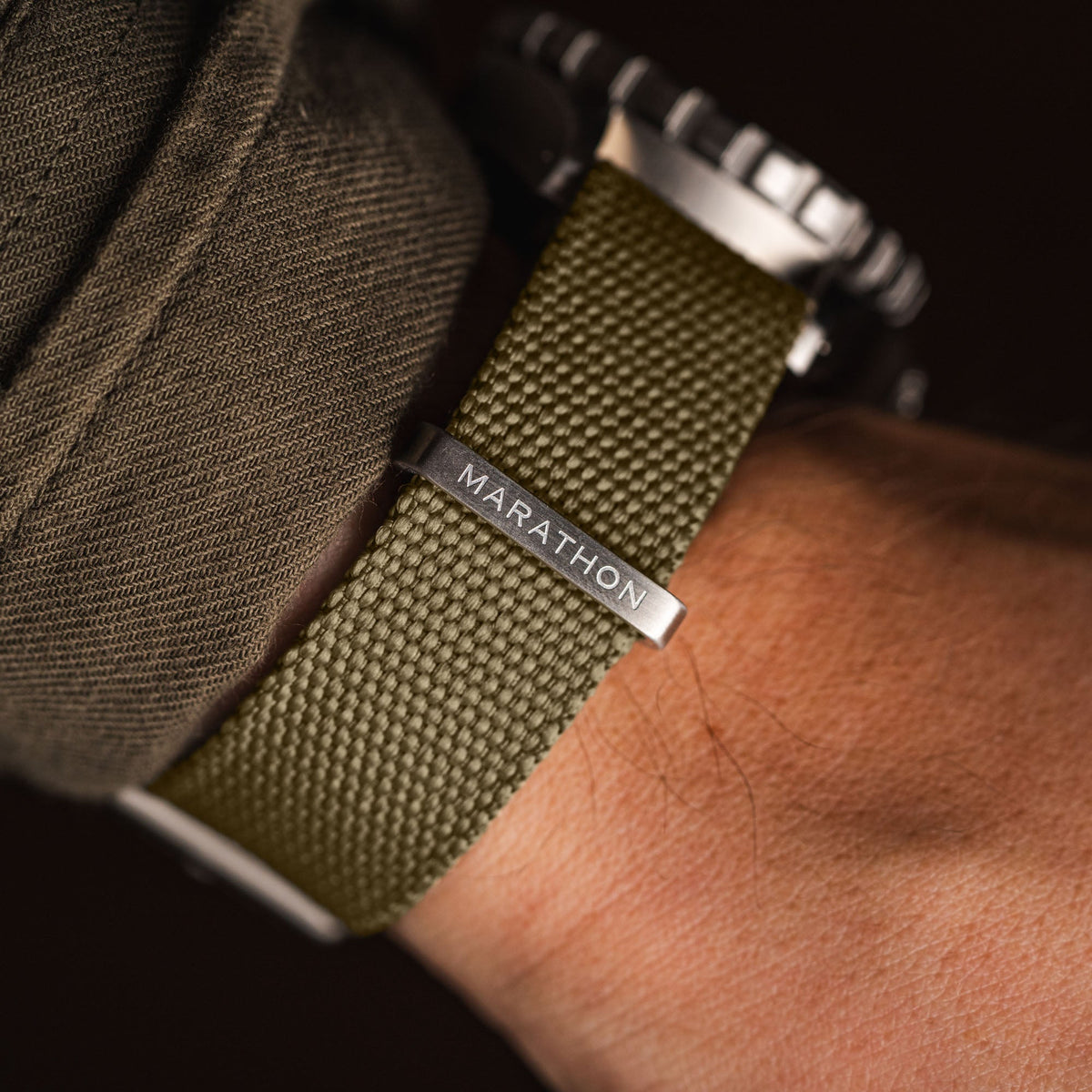 Marathon 18MM Nylon Canvas DEFSTAN Strap - Brushed Steel Hardware Khaki