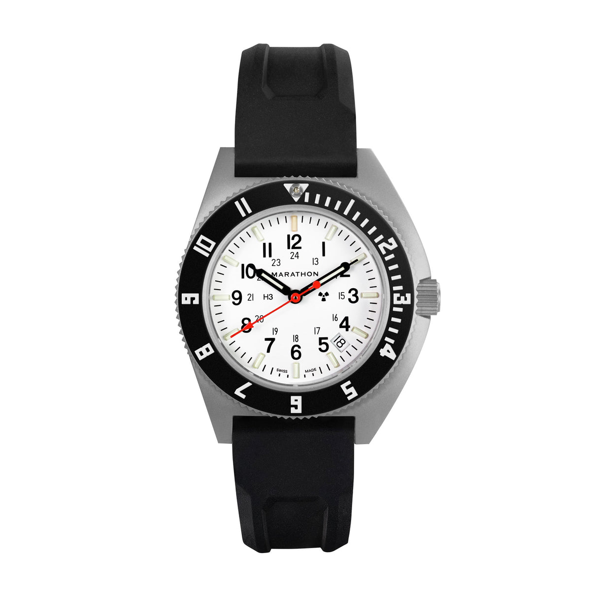 Marathon 41mm Arctic Steel Navigator w/Date (SSNAV-D) on Black 3-Piece Rubber Strap Kit