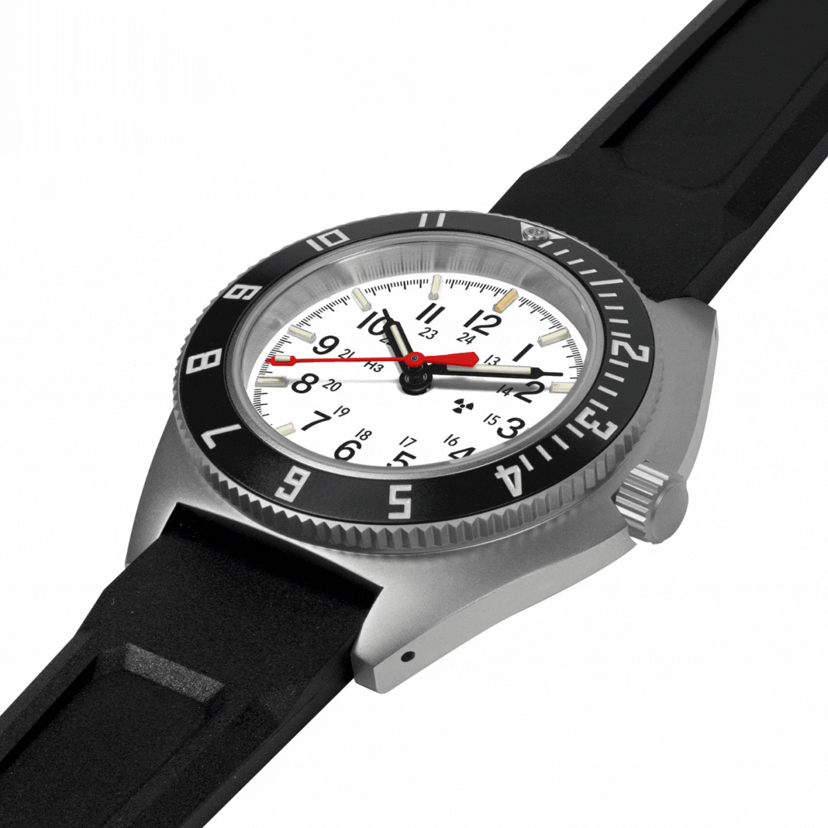 Marathon 41mm Arctic Steel Navigator Automatic (Arctic SSNAV Auto) on Black 3-Piece Rubber Strap Kit