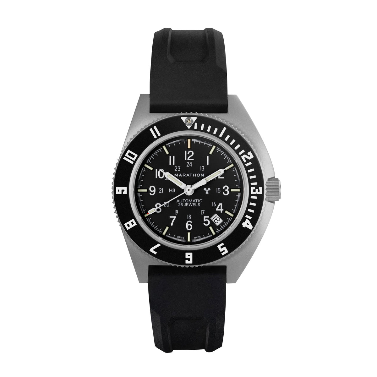 Marathon 41mm Steel Navigator w/ Date Automatic (SSNAV-D AUTO) on Black 3-Piece Rubber Strap Kit