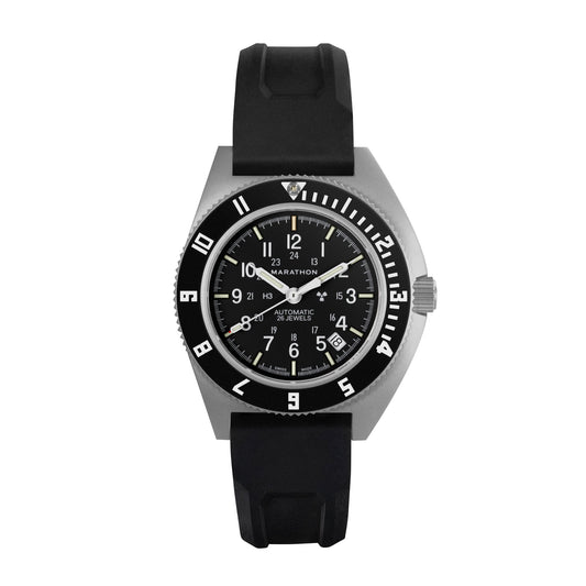 Marathon 41mm Steel Navigator w/ Date Automatic (SSNAV-D AUTO) on Black 3-Piece Rubber Strap Kit