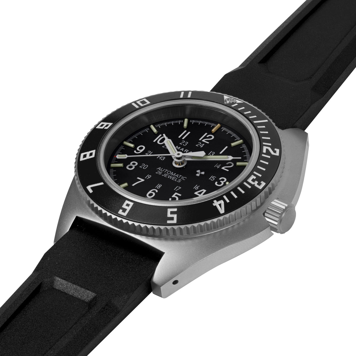 Marathon 41mm Steel Navigator w/ Date Automatic (SSNAV-D AUTO) on Black 3-Piece Rubber Strap Kit