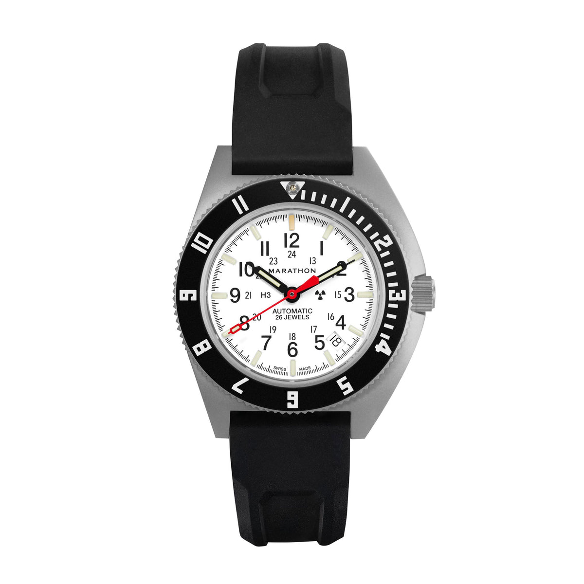 Marathon 41mm Arctic Steel Navigator w/ Date Automatic (Arctic SSNAV-D Auto) on Black 3-Piece Rubber Strap Kit