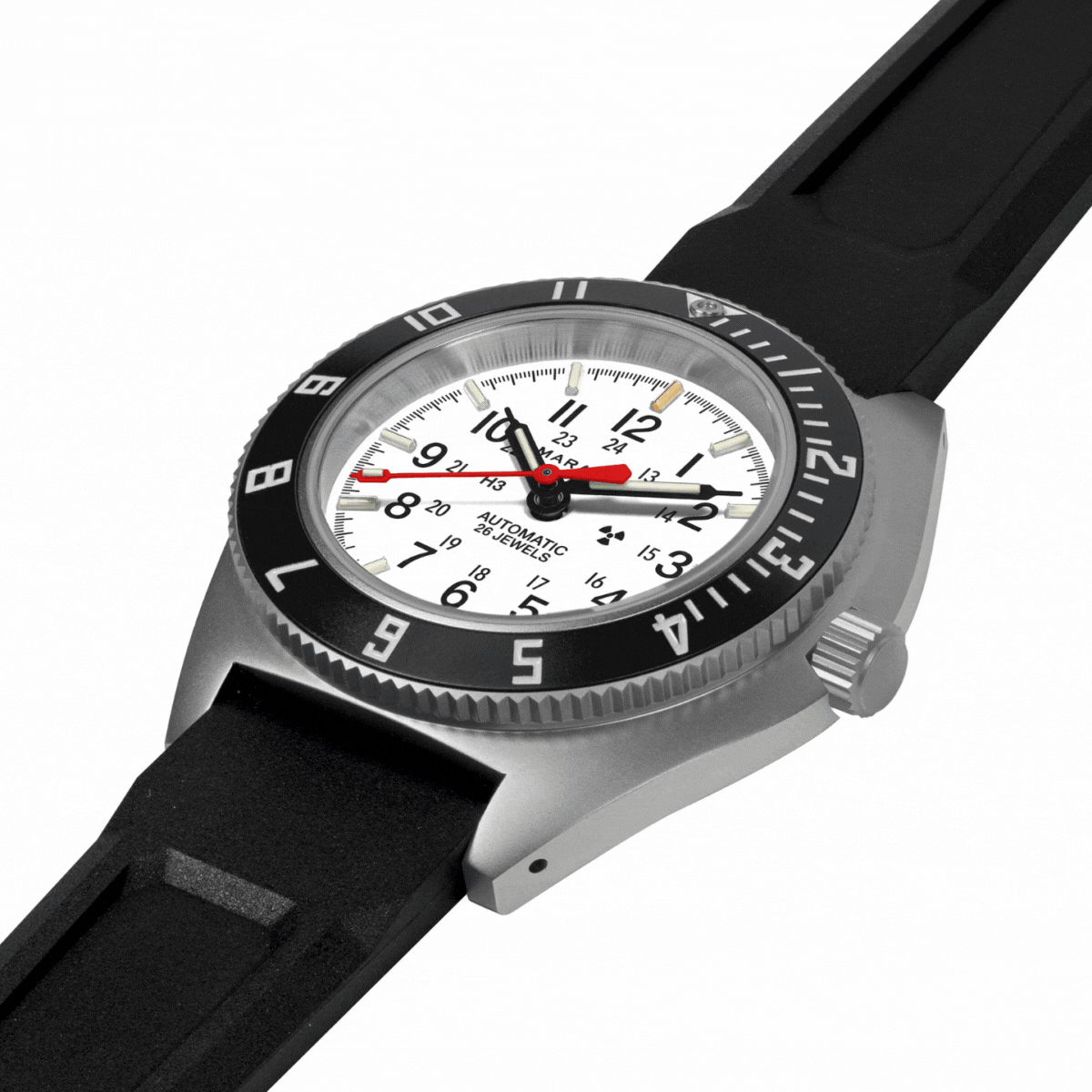 Marathon 41mm Arctic Steel Navigator w/ Date Automatic (Arctic SSNAV-D Auto) on Black 3-Piece Rubber Strap Kit