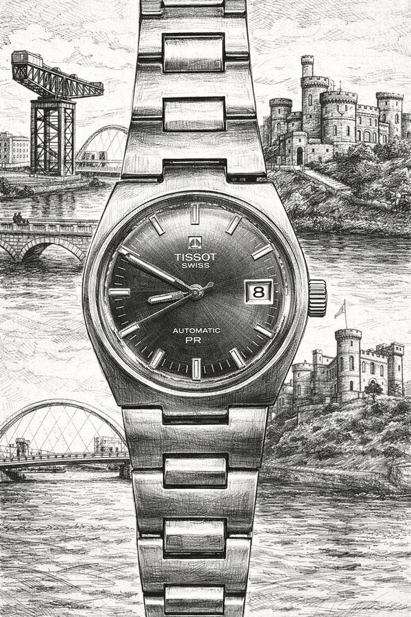 Tissot watch with a scenic background of a river and bridges
